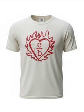Cream Graphic Tee with Red Flaming Heart Print